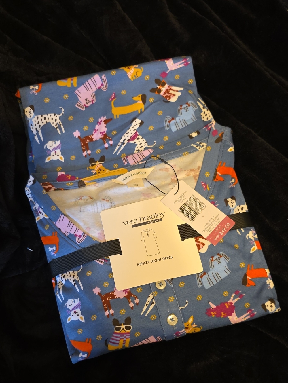 Vera Bradley Blue Kids Henley Nightgown with Colorful Dog Print